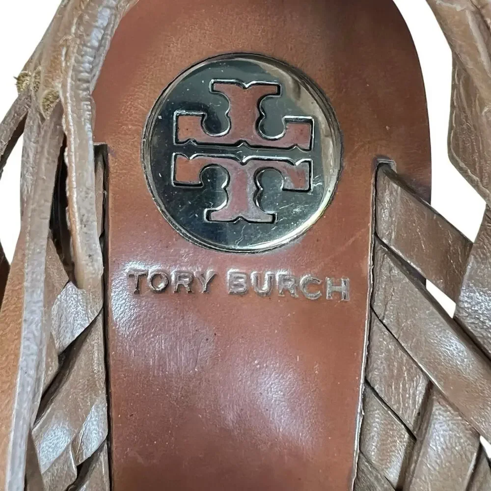 Tory Burch Women’s Killian Brown Leather Woven Wedge Sandals Size US 7.5